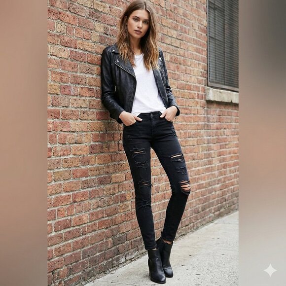 Forever 21 Women's Skinny Jeans Black Distressed Mid rise Stretch denim Size 26 - Picture 1 of 15